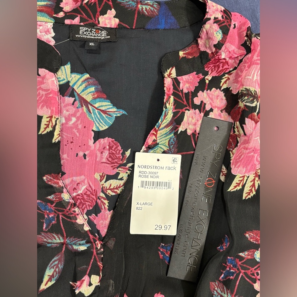 Floral Maxi Dress - Black and Pink, 3/4 length sleeves - Picture 7 of 8